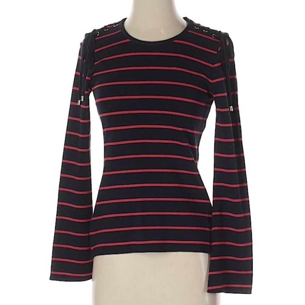 NEW T Tahari Shoulder Lace Tie Striped Long Sleeve Top Shirt Size XS